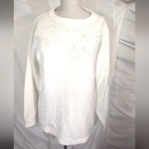 Vintage beaded sweater, Vintage, Crew Neck White,  Knit, Women, Pearls, XL